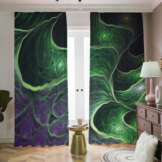 Green Fractal Print Blackout Pencil Pleat Curtains
