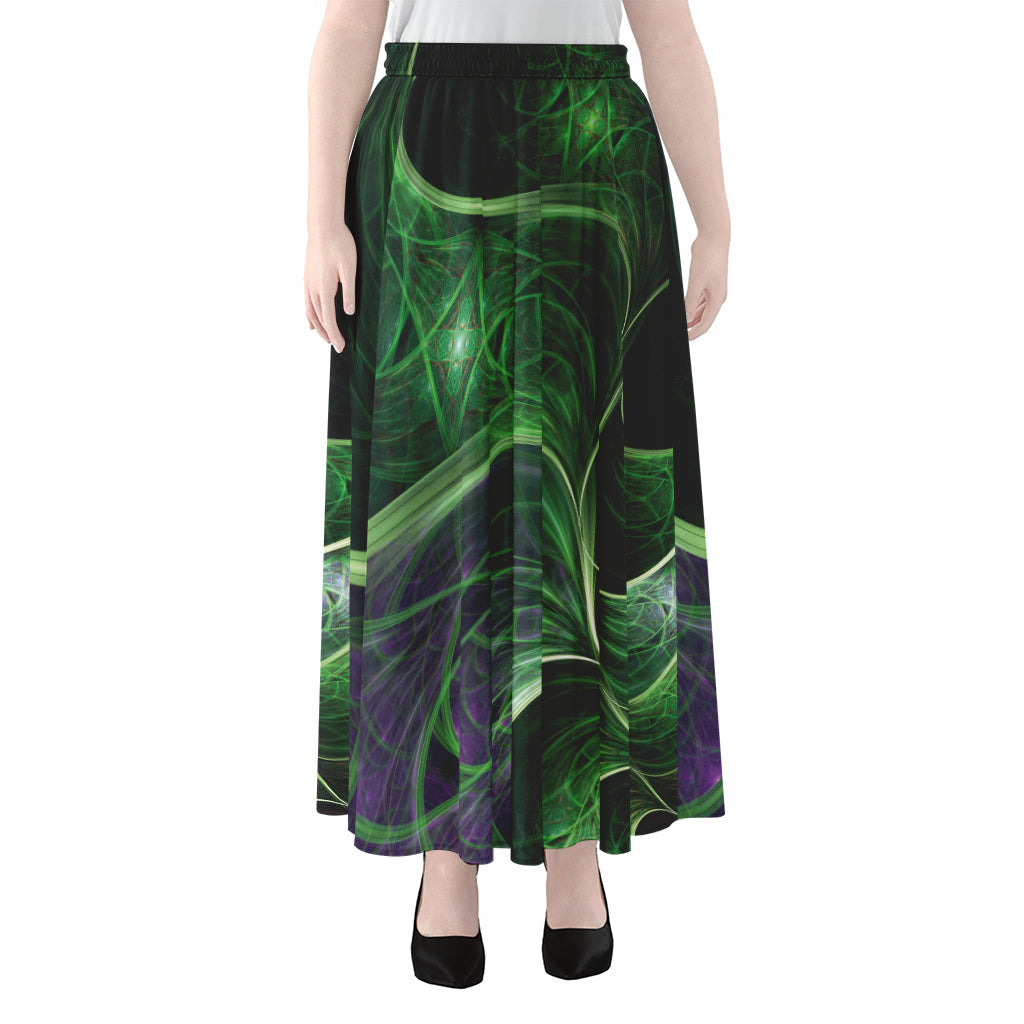 Green Fractal Print Chiffon Maxi Skirt