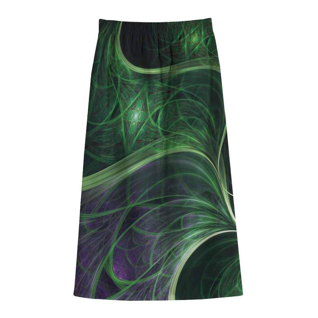 Green Fractal Print Cotton Front Slit Maxi Skirt
