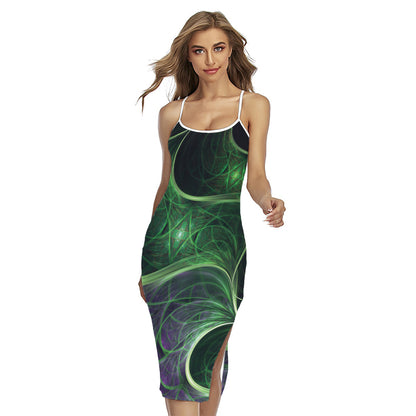 Green Fractal Print Cross Back Cami Dress