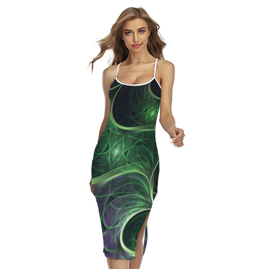 Green Fractal Print Cross Back Cami Dress