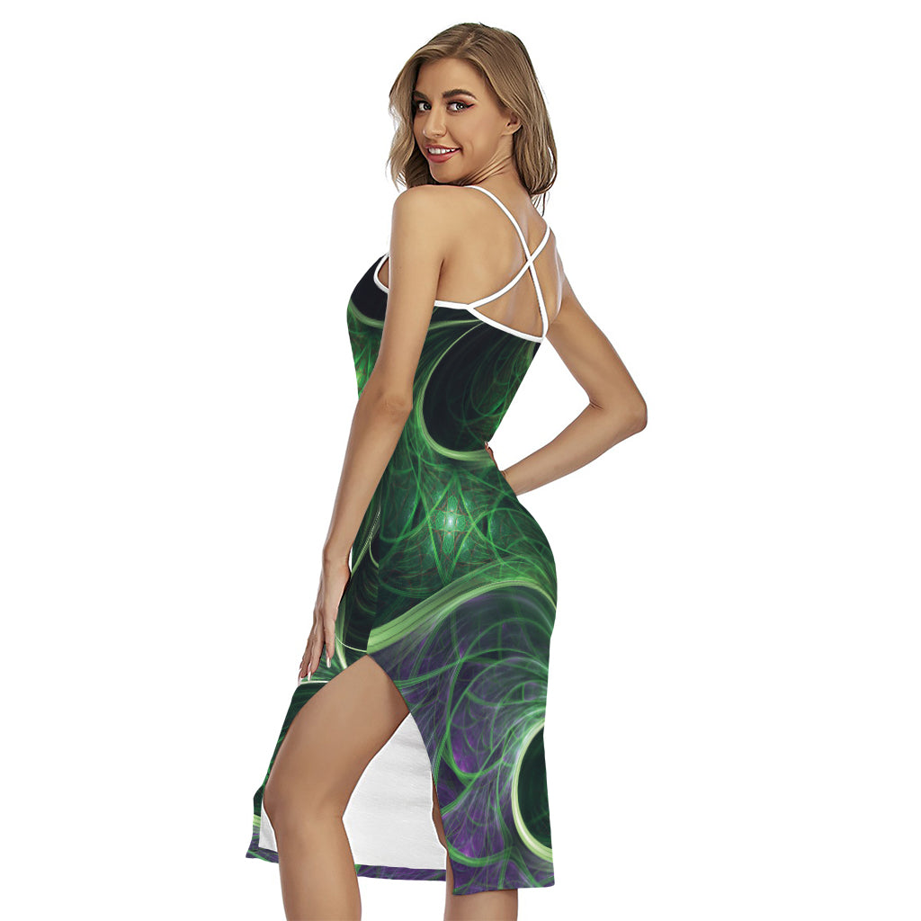 Green Fractal Print Cross Back Cami Dress