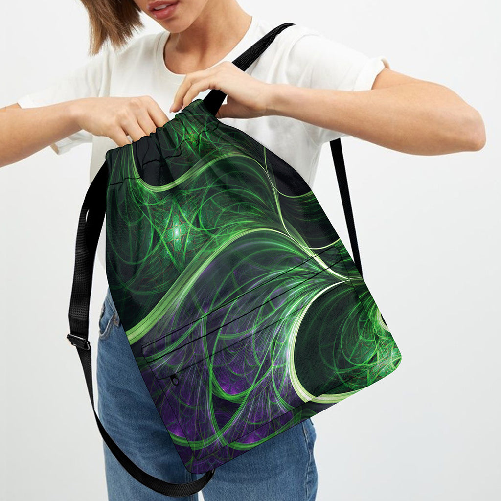 Green Fractal Print Drawstring Backpack