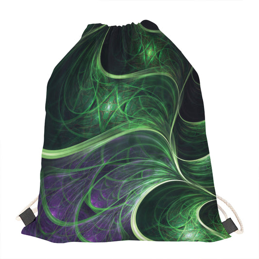 Green Fractal Print Drawstring Bag