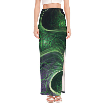 Green Fractal Print High Slit Maxi Skirt