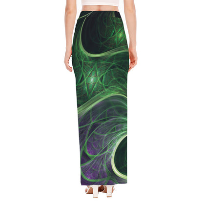 Green Fractal Print High Slit Maxi Skirt