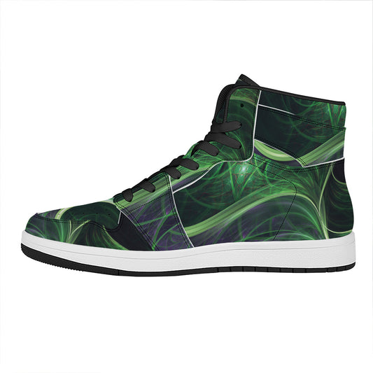 Green Fractal Print High Top Leather Sneakers