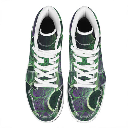 Green Fractal Print High Top Leather Sneakers