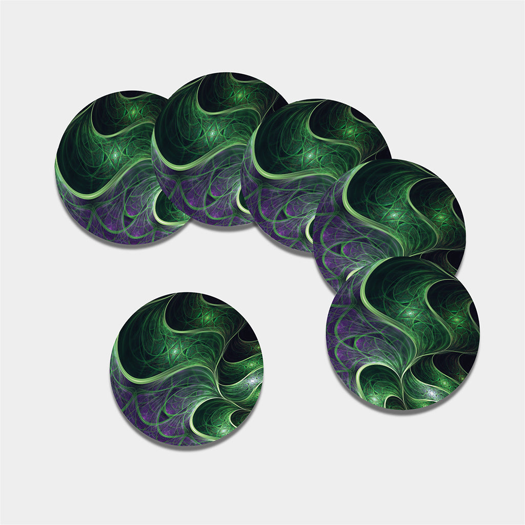 Green Fractal Print Leather Coaster Set
