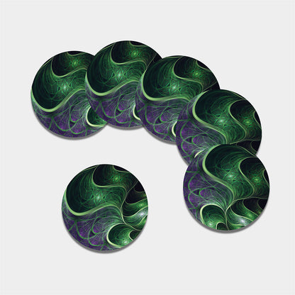 Green Fractal Print Leather Coaster Set