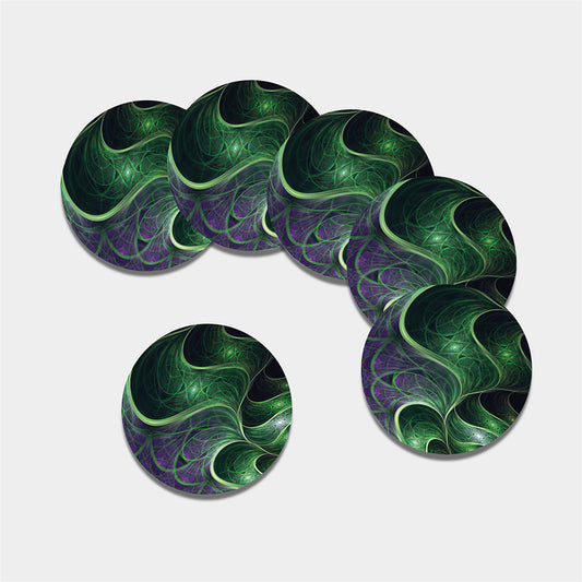 Green Fractal Print Leather Coaster Set