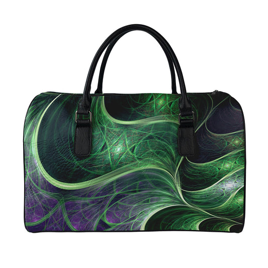Green Fractal Print Leather Duffle Bag