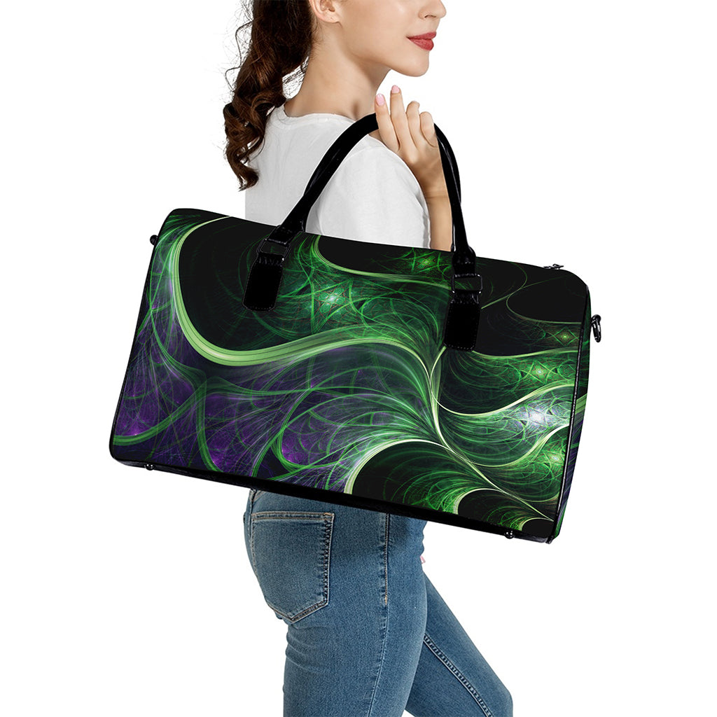 Green Fractal Print Leather Duffle Bag