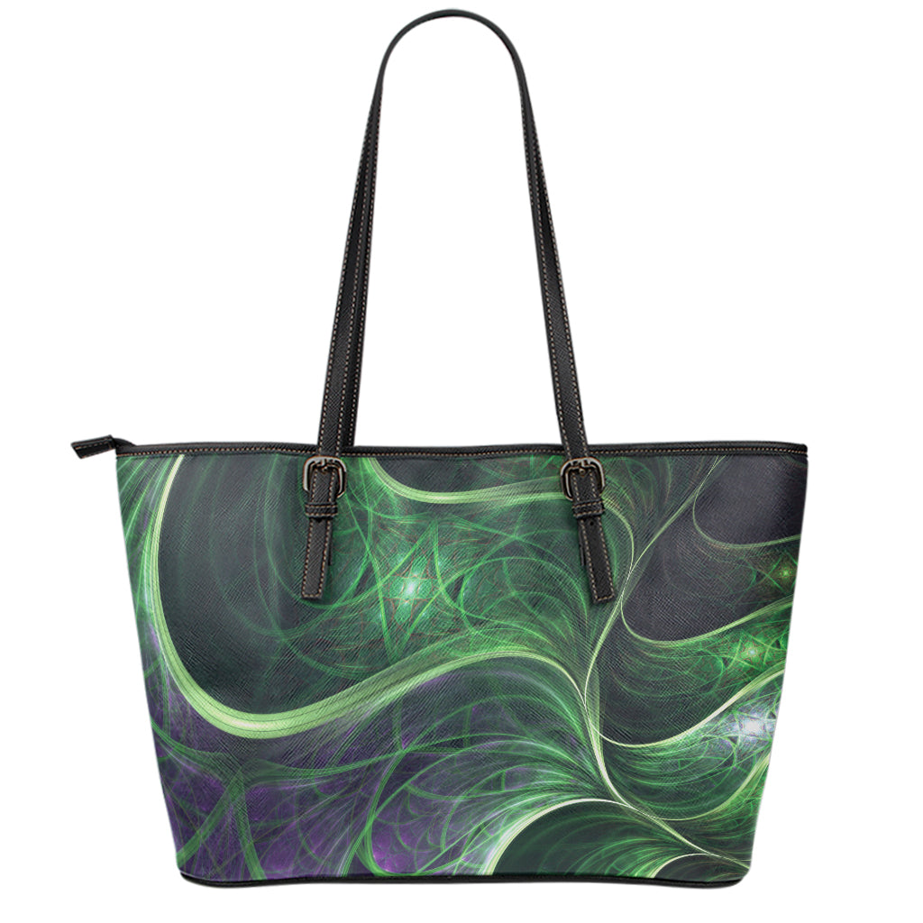 Green Fractal Print Leather Tote Bag
