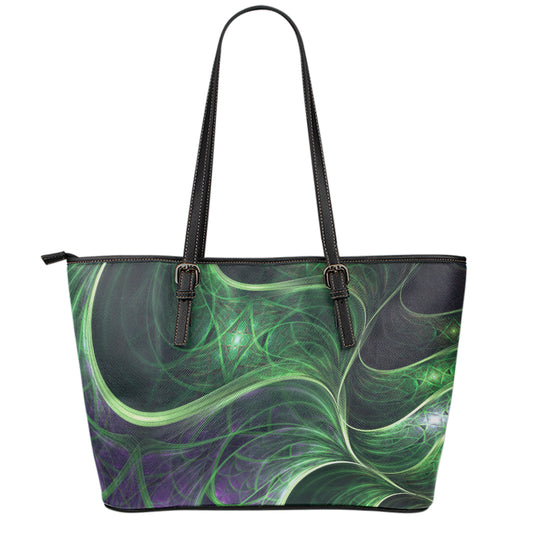 Green Fractal Print Leather Tote Bag