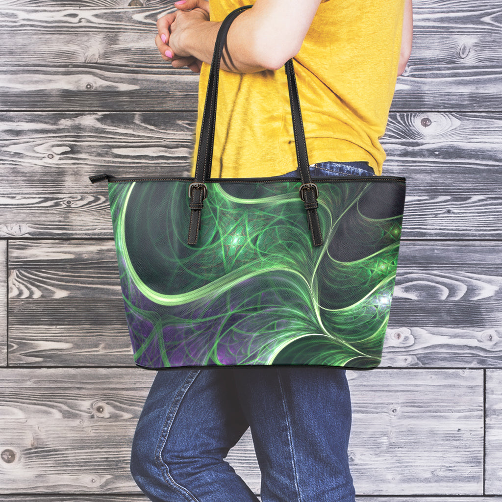 Green Fractal Print Leather Tote Bag
