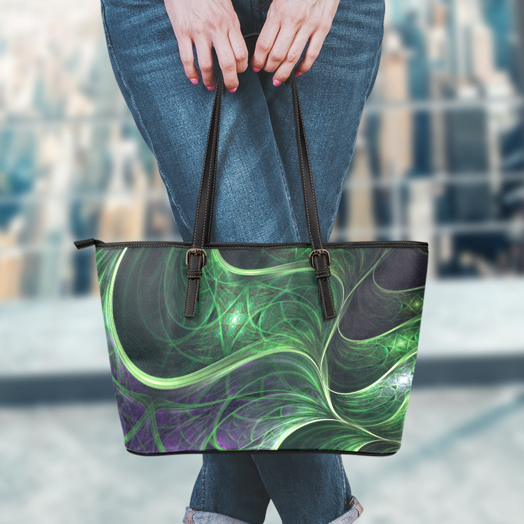 Green Fractal Print Leather Tote Bag