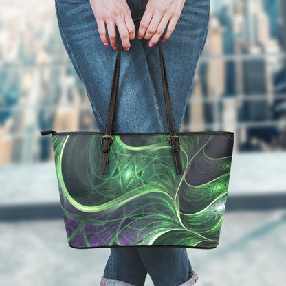 Green Fractal Print Leather Tote Bag