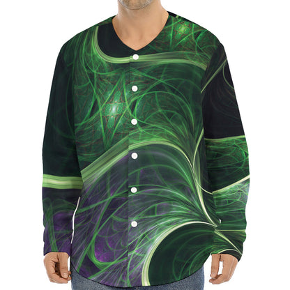 Green Fractal Print Long Sleeve Baseball Jersey