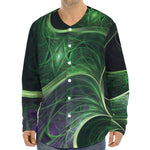 Green Fractal Print Long Sleeve Baseball Jersey