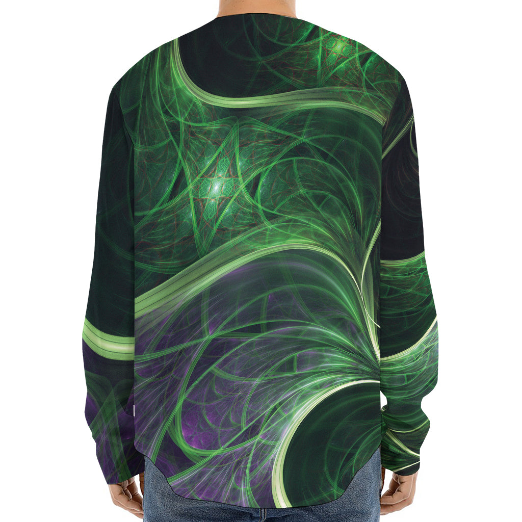 Green Fractal Print Long Sleeve Baseball Jersey