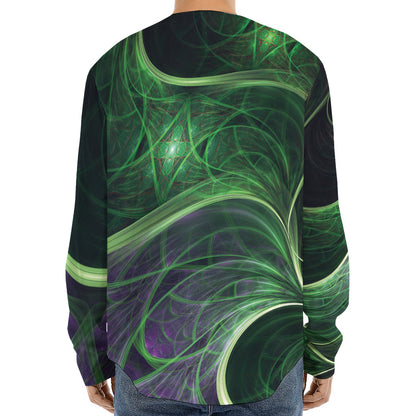 Green Fractal Print Long Sleeve Baseball Jersey