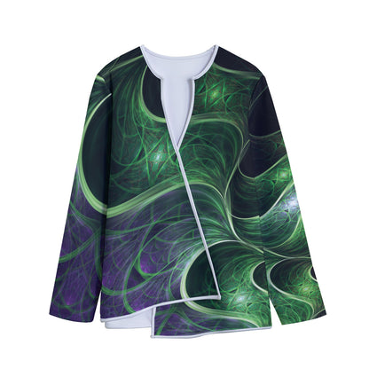 Green Fractal Print Long Sleeve Short Coat