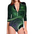 Green Fractal Print Long Sleeve Swimsuit