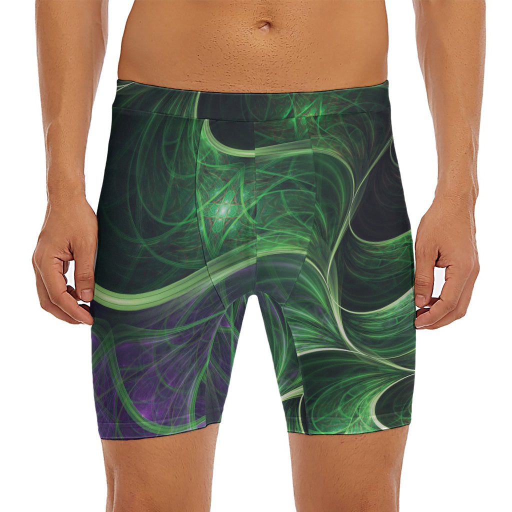 Green Fractal Print Men's Long Boxer Briefs