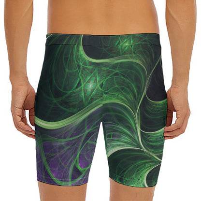 Green Fractal Print Men's Long Boxer Briefs