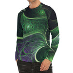 Green Fractal Print Men's Long Sleeve Rash Guard