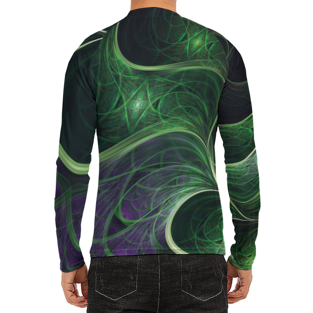 Green Fractal Print Men's Long Sleeve Rash Guard