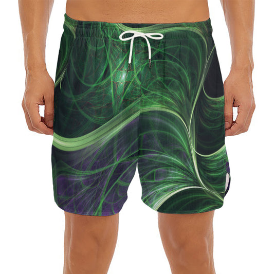 Green Fractal Print Men's Split Running Shorts