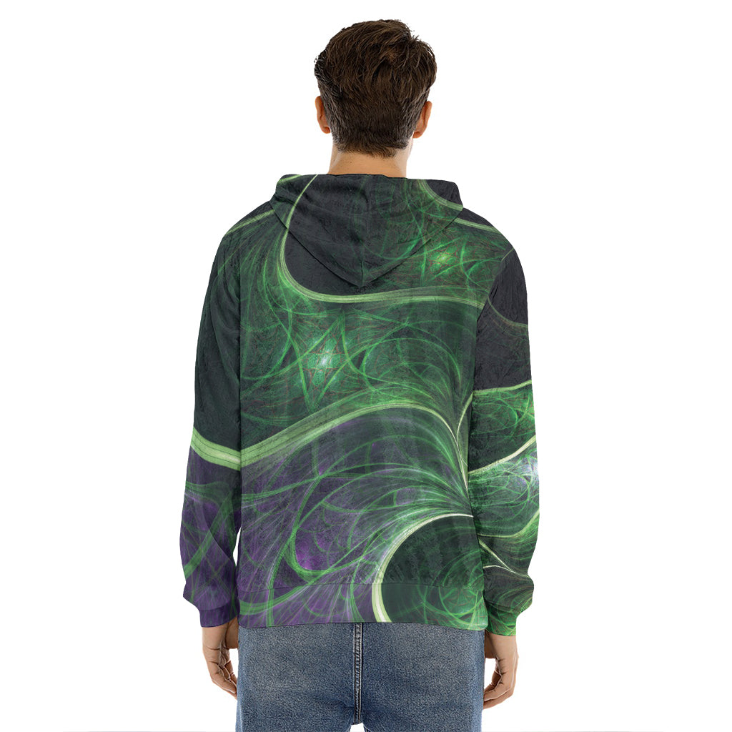 Green Fractal Print Men's Velvet Pullover Hoodie