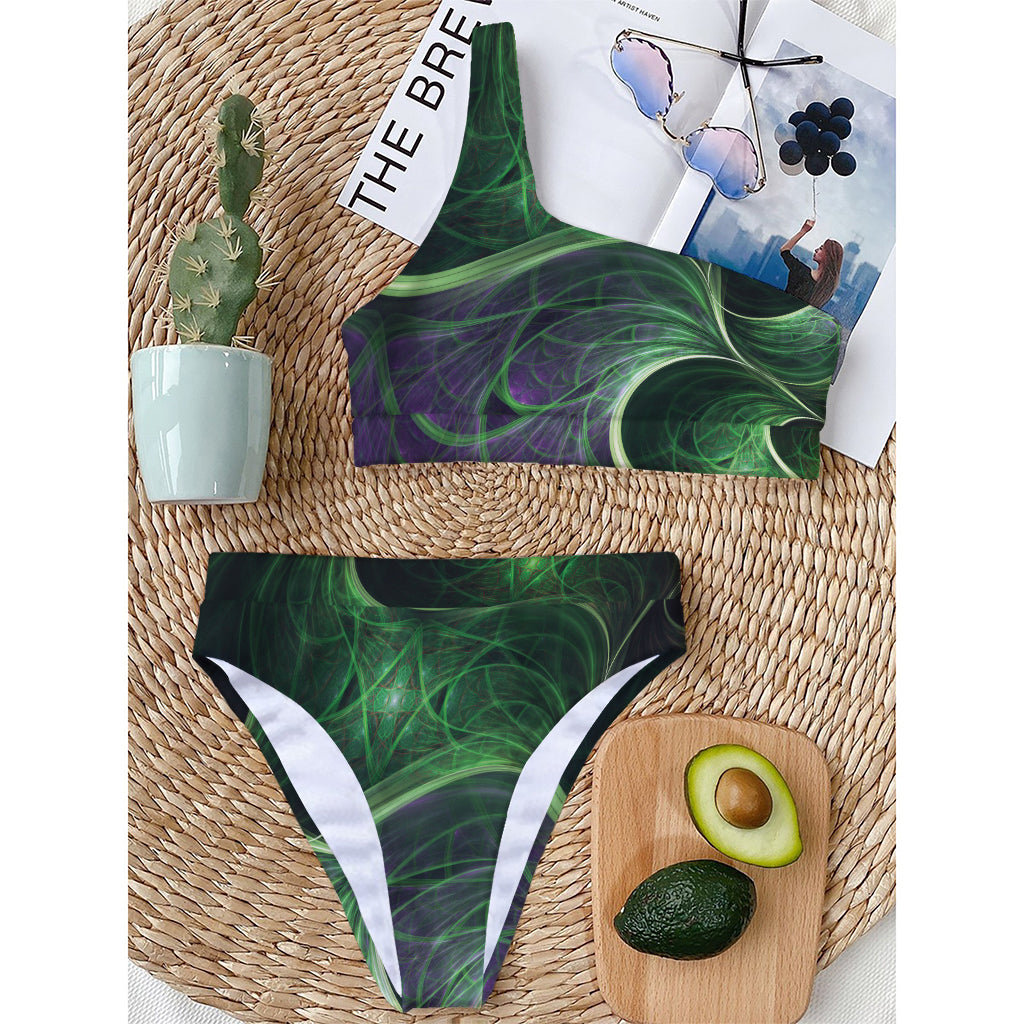 Green Fractal Print One Shoulder Bikini Top
