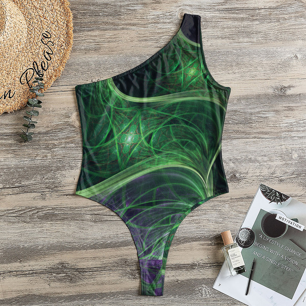 Green Fractal Print One Shoulder Bodysuit