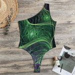 Green Fractal Print One Shoulder Bodysuit