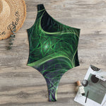 Green Fractal Print One Shoulder Bodysuit