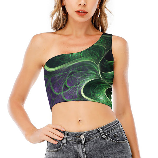 Green Fractal Print One Shoulder Crop Top