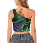 Green Fractal Print One Shoulder Crop Top