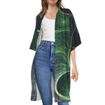 Green Fractal Print Open Front Beach Cover Up