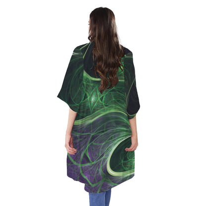 Green Fractal Print Open Front Beach Cover Up
