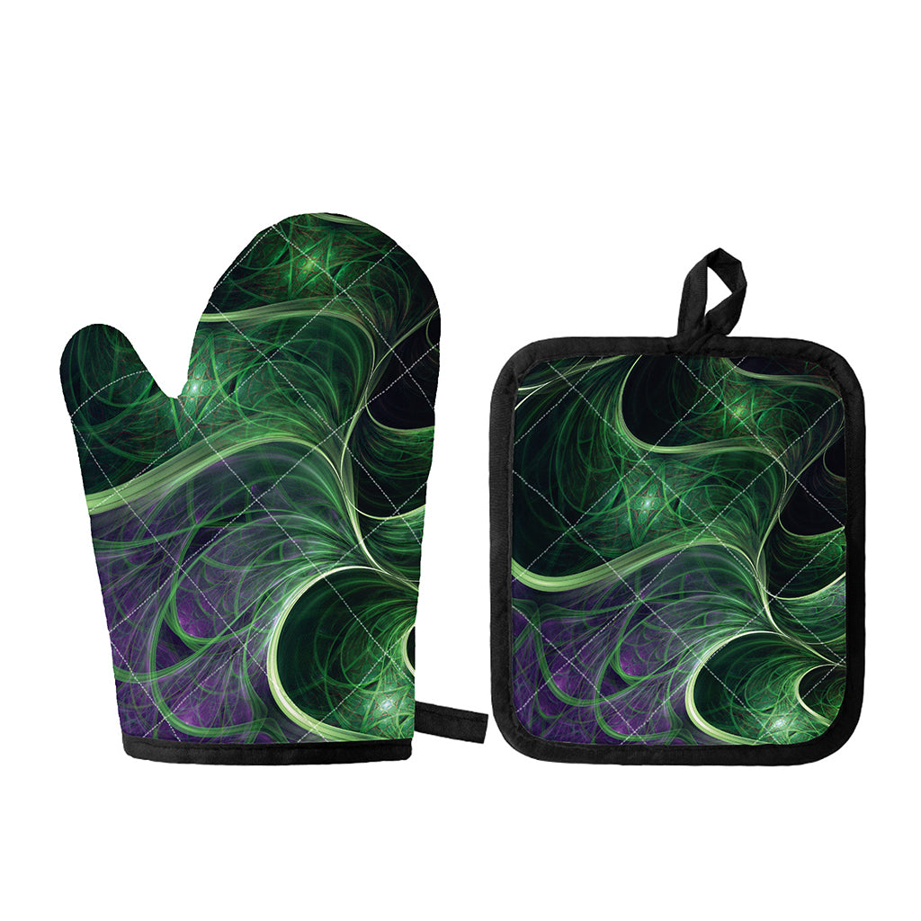 Green Fractal Print Oven Mitt And Pot Holder Set