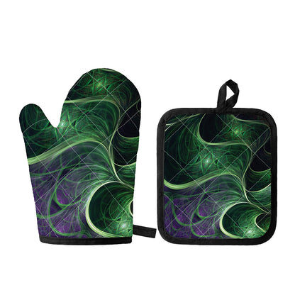 Green Fractal Print Oven Mitt And Pot Holder Set