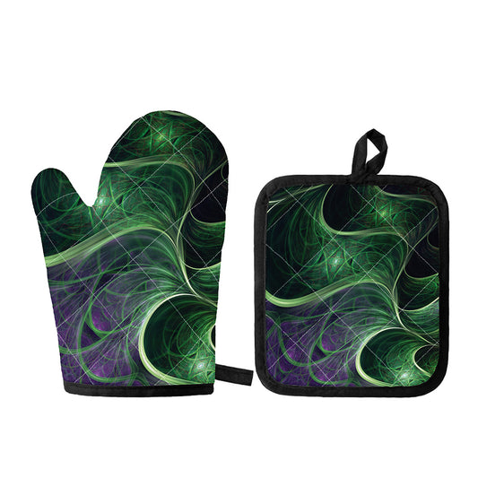 Green Fractal Print Oven Mitt And Pot Holder Set