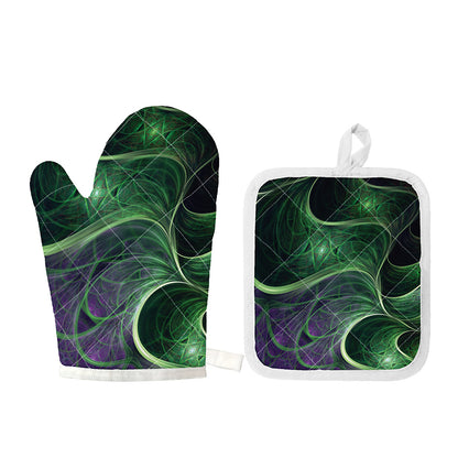 Green Fractal Print Oven Mitt And Pot Holder Set