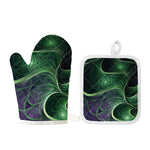Green Fractal Print Oven Mitt And Pot Holder Set