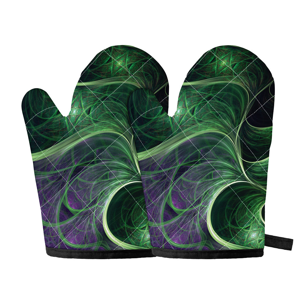 Green Fractal Print Oven Mitts