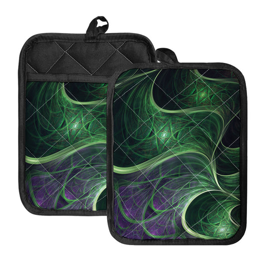 Green Fractal Print Pot Holders With Pocket