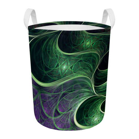 Green Fractal Print Round Laundry Basket